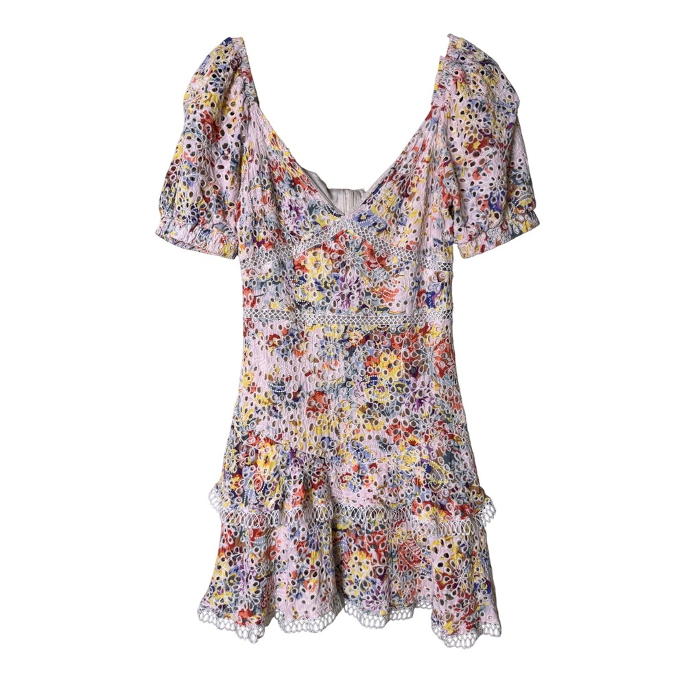 En Saison Floral Eyelet Mini Dress Multicolor Puff Sleeve Tiered Ruffle XS